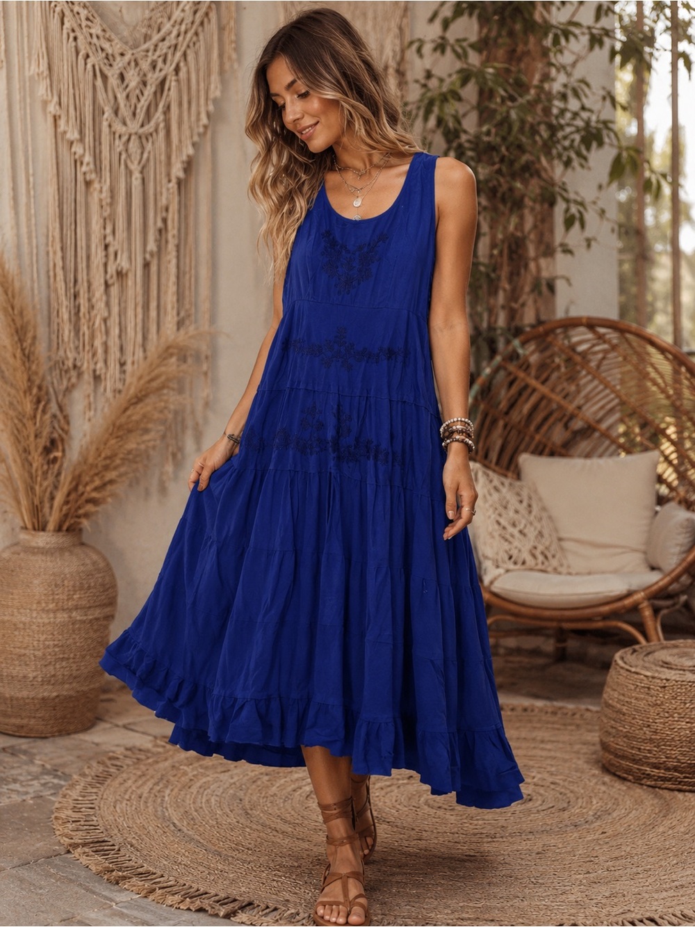 Serengeti Boho Chic Sleeveless Tiered Midi Dress in Royal Blue
